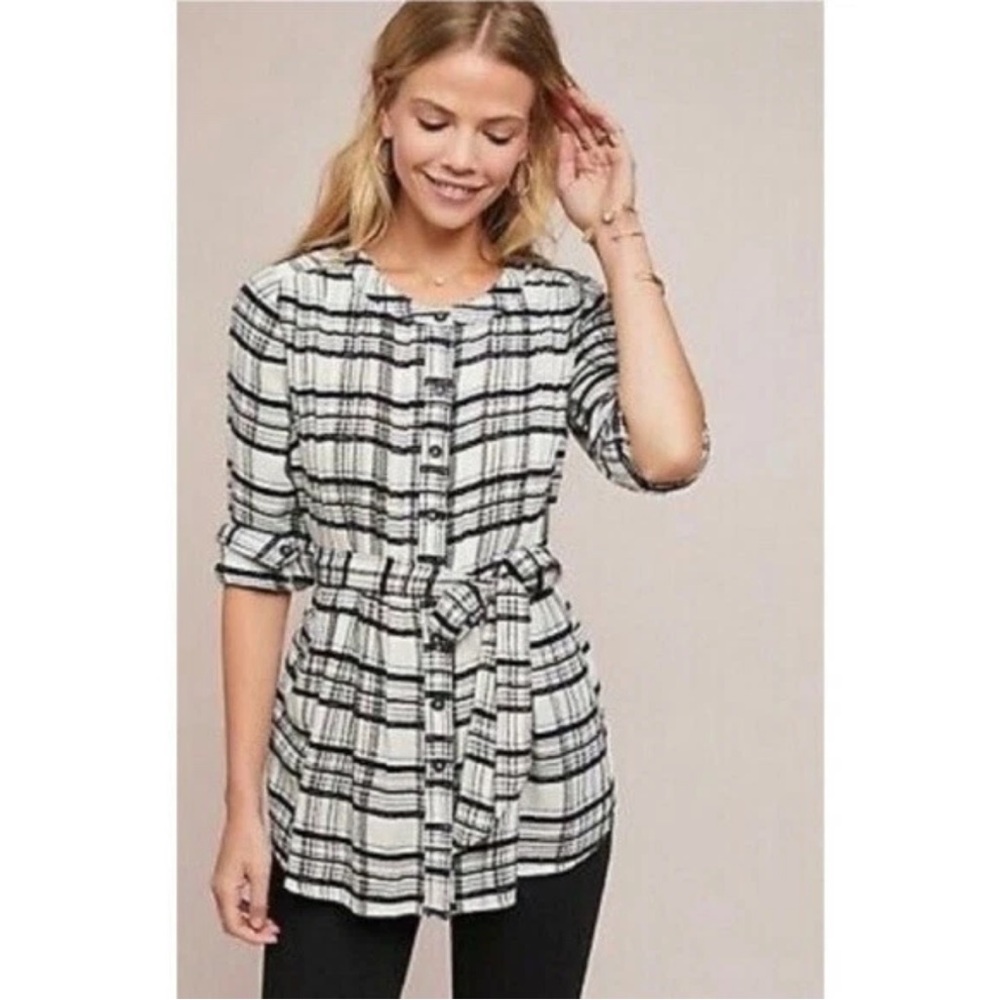 Anthropologie Belted Plaid Button Down Tunic Top